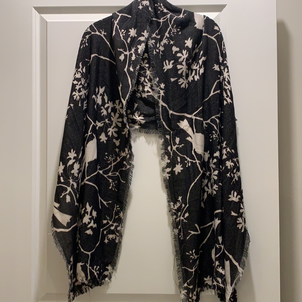 Anthropologie Shimmery Charcoal Floral Scarf
